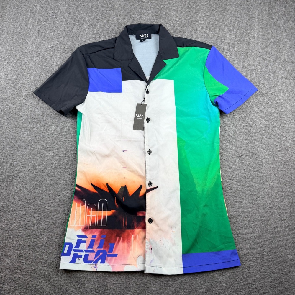 boohooMAN Muscle Fit Graphic Printed Shirt Men's XS Multicolor BMM39329-105-37